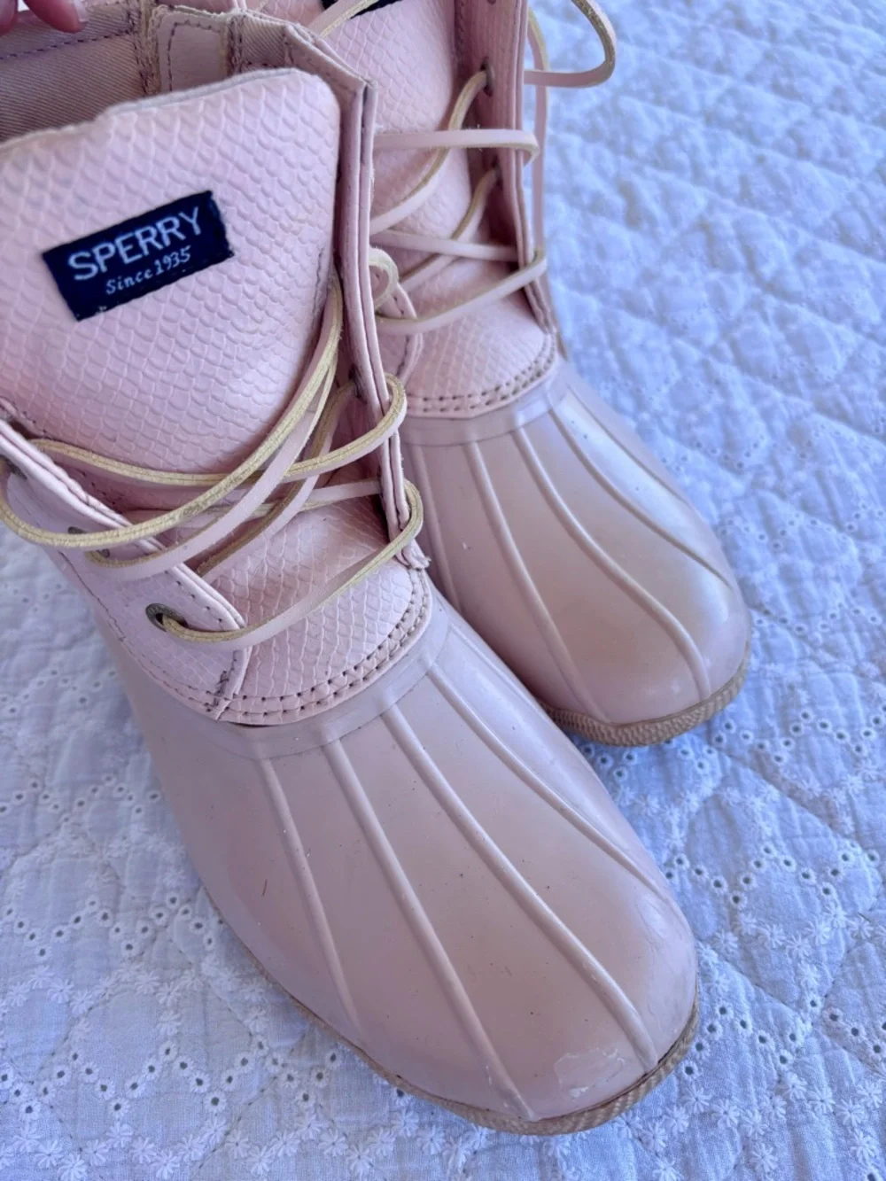 Sperry Duck Boots Girls Size 3 Pink Khaki Waterproof Lace Up Rain Boots